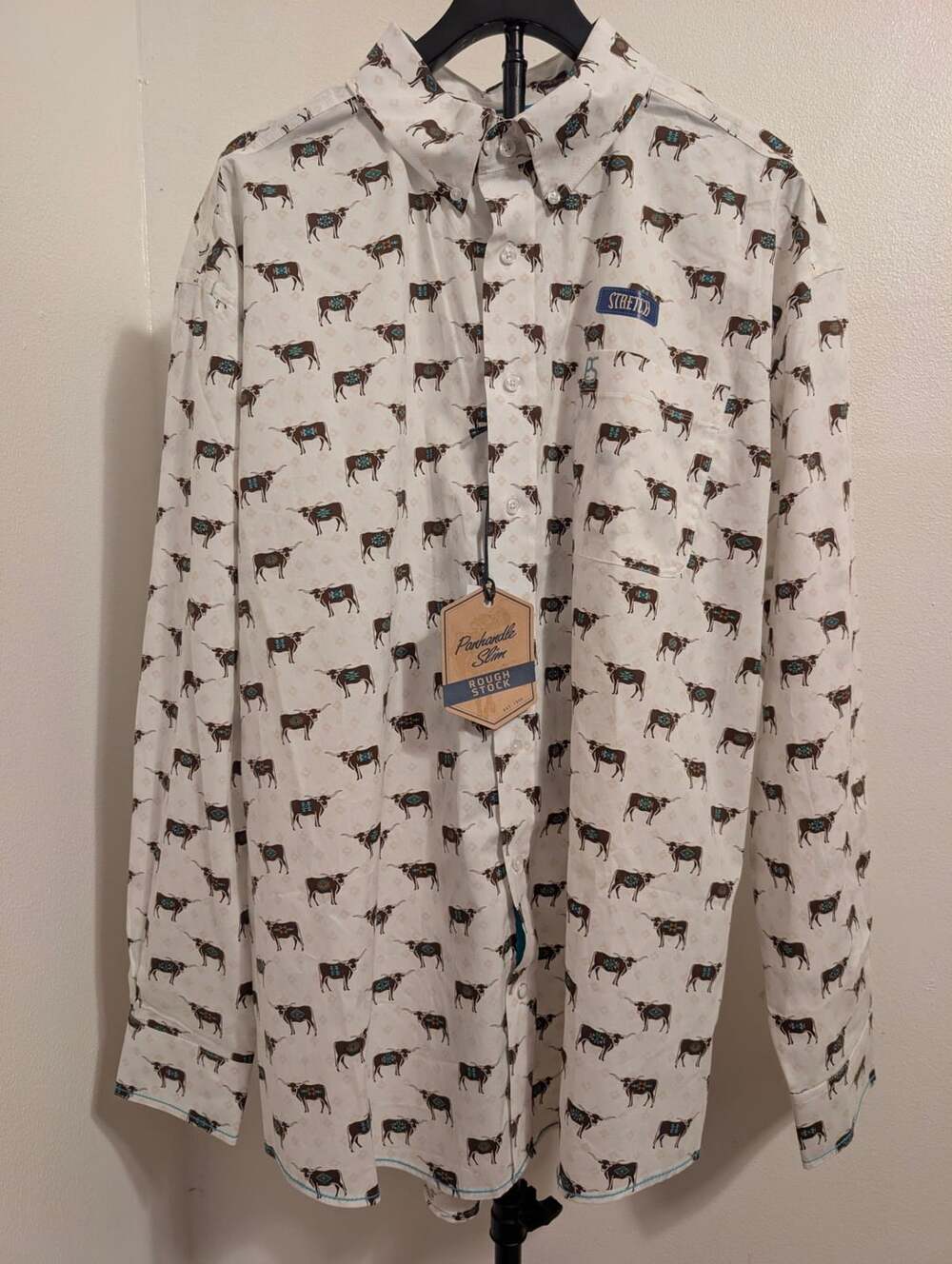 Panhandle Slim Rough Stock Longhorn Bull Geo Print Long Sleeve Western Shirt